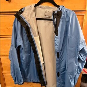 L.L. Bean Light Blue Hooded Rain Jacket with Black Trim